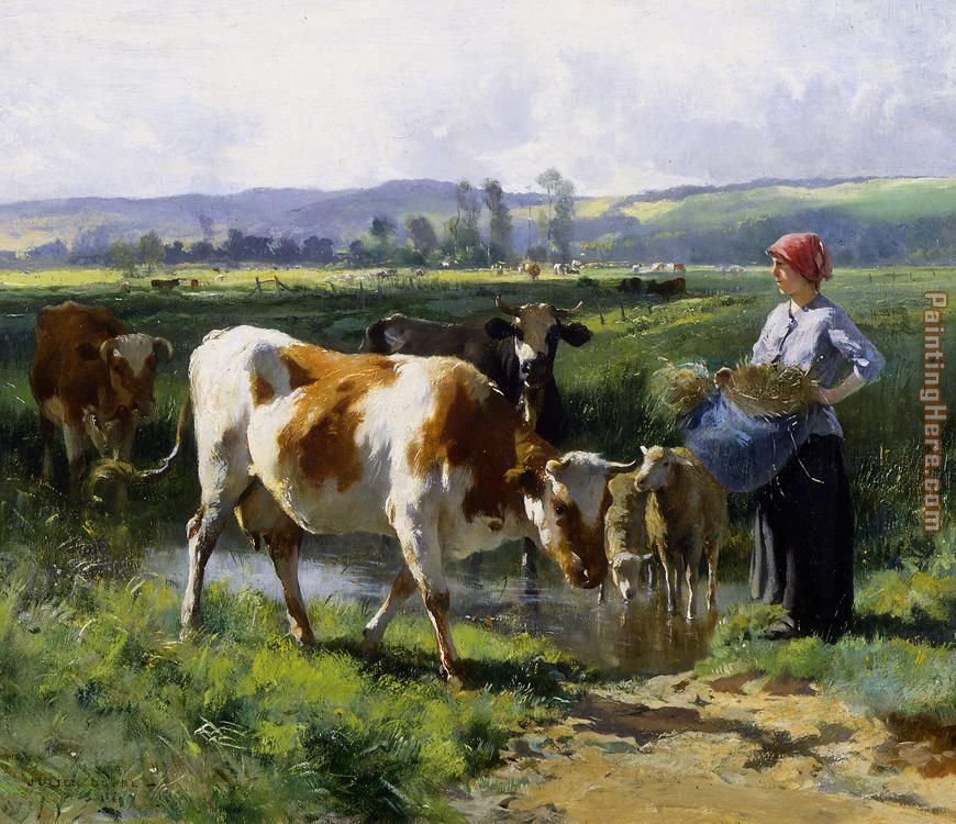 Milkmaid with Cows painting - Julien Dupre Milkmaid with Cows art painting
